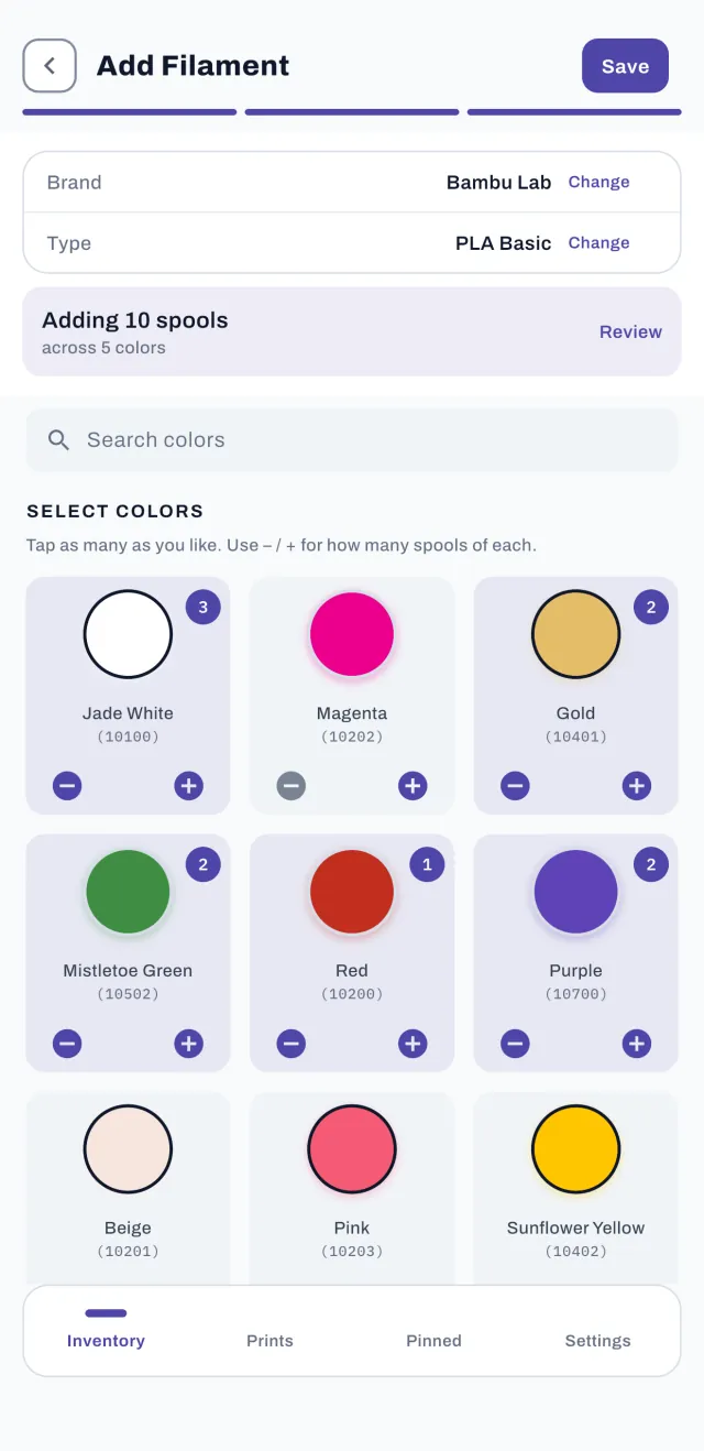 Adding 10 Bambu Lab PLA Basic spools across 5 colors in one go